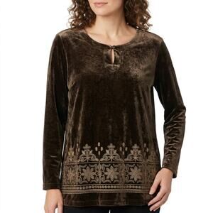Studio Ease Brown Velvet Beaded Embroidered V-Neck Top See Measurement